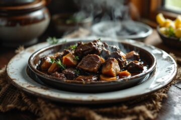 Assiette de civet de sanglier fumant, nappée d’une sauce sombre et brillante, ambiance de cuisine traditionnelle, lumière naturelle.