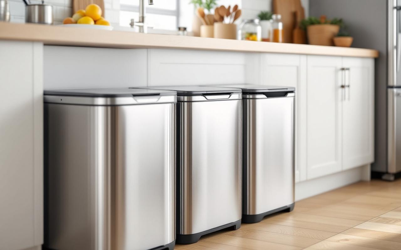 Comparaison de poubelles de cuisine familiales à pédale, avec compartiments de tri et finitions en acier inoxydable, dans une cuisine moderne bien éclairée.