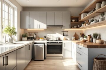 Cuisine familiale moderne lumineuse, grande poubelle intégrée discrètement près du plan de travail, ambiance fonctionnelle et propre.