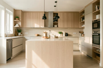 Cuisine familiale moderne lumineuse et bien organisée, avec un îlot central, des équipements intégrés harmonieusement et des rangements pratiques.