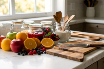 Plan de travail de cuisine avec fruits frais, pots en verre et ustensiles de préparation disposés sur un comptoir en marbre sous une lumière naturelle.