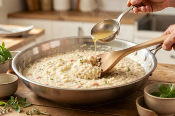 Risotto crémeux en cours de préparation dans une grande poêle, avec une cuillère en bois, du bouillon chaud et quatre bols prêts à servir.
