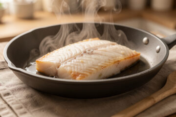 Filet de poisson surgelé cuit délicatement à la poêle, en restant intact.