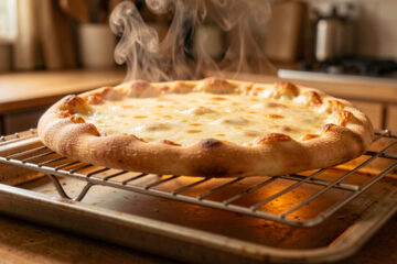 Pizza chaude et croustillante posée sur une grille dans une cuisine chaleureuse.