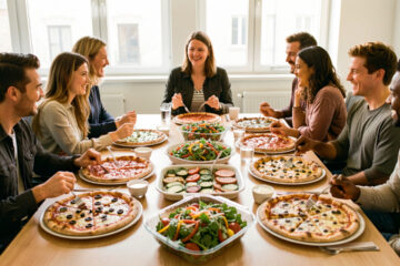 Des collègues aux profils variés partagent un repas de pizzas et d’accompagnements diversifiés autour d’une table dans un bureau lumineux.