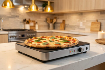 Four multifonction posé sur un plan de travail de cuisine moderne, avec une fine pizza maison en cours de cuisson dans une lumière chaude et conviviale.