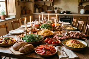 Grande table conviviale garnie de spécialités italiennes faites maison, de vaisselle rustique et éclairée par une lumière chaleureuse.