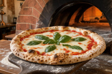 Pizza Margherita artisanale à pâte alvéolée, garnie de mozzarella, de sauce tomate et de basilic frais, sortant d’un four à bois dans une pizzeria bordelaise chaleureuse.