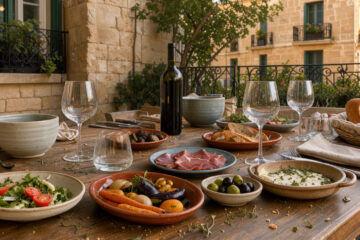 Table gourmande dressée sur une terrasse bordelaise, entourée de plats variés, de façades en pierre blonde et d’une lumière chaleureuse.